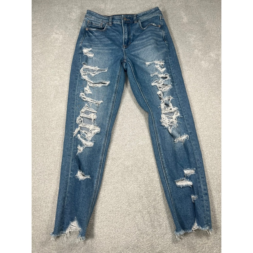 American Eagle Distressed Mom Jeans Womens‎ 2 Blue Ripped High Rise Raw Hem
